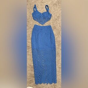 Blue Lace Bustier Top and Midi Skirt Set